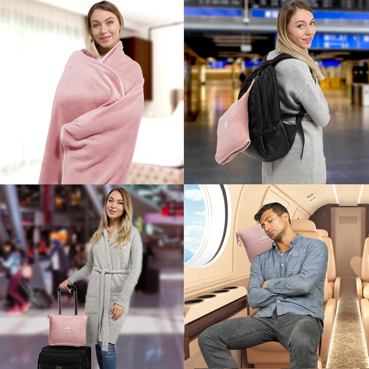 BlueHills Premium Soft Long Travel Blanket Pillow for Tall Airplane Flight Blanket 70 X48 inch Throw in Soft Bag case with Backpack Clip…