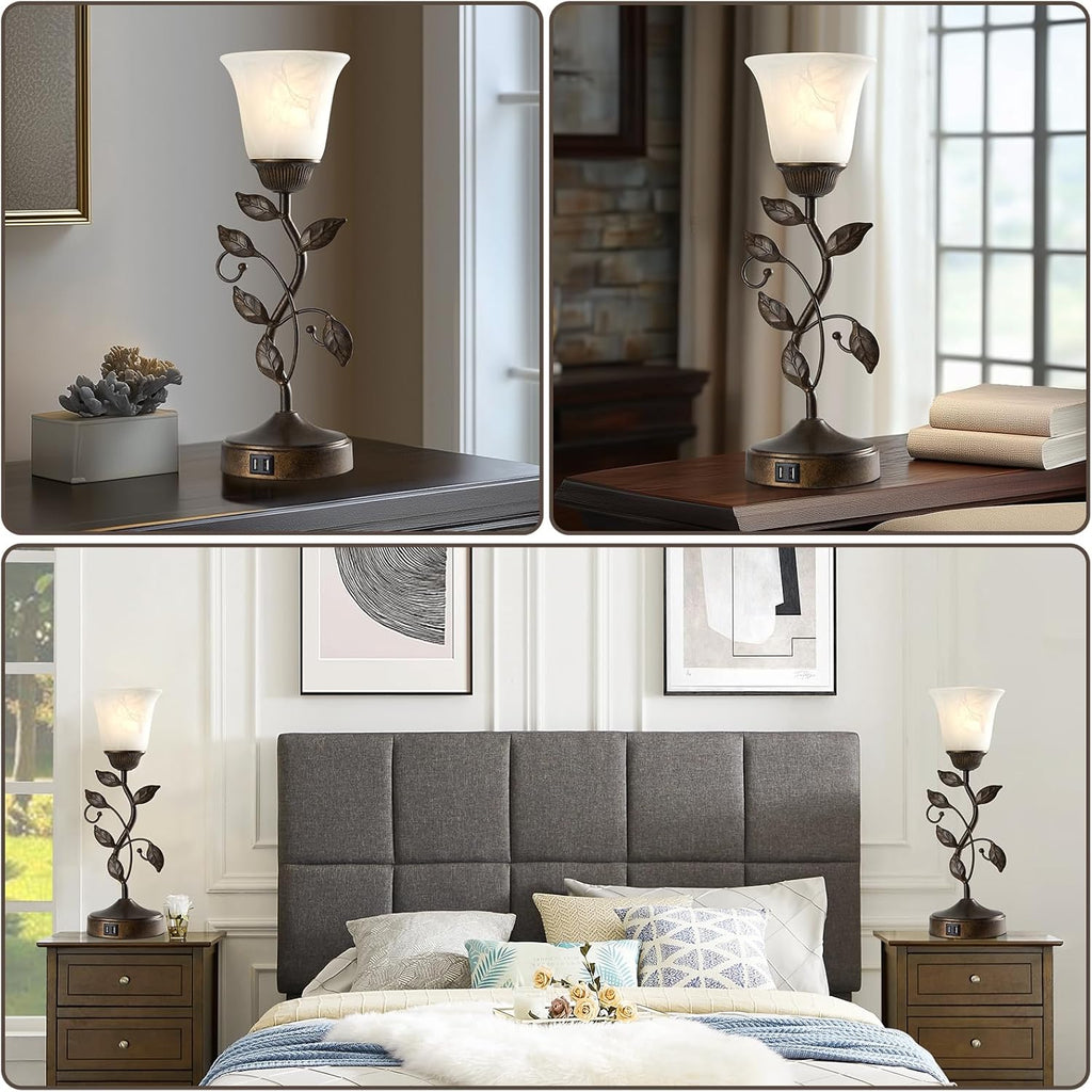 Set of 2 Touch Farmhouse Bedroom Table Lamps, Nightstand Vintage Flower Lamps with 2 USB Ports, 3 Way Dimmable Leaf Lamp for Living Room…