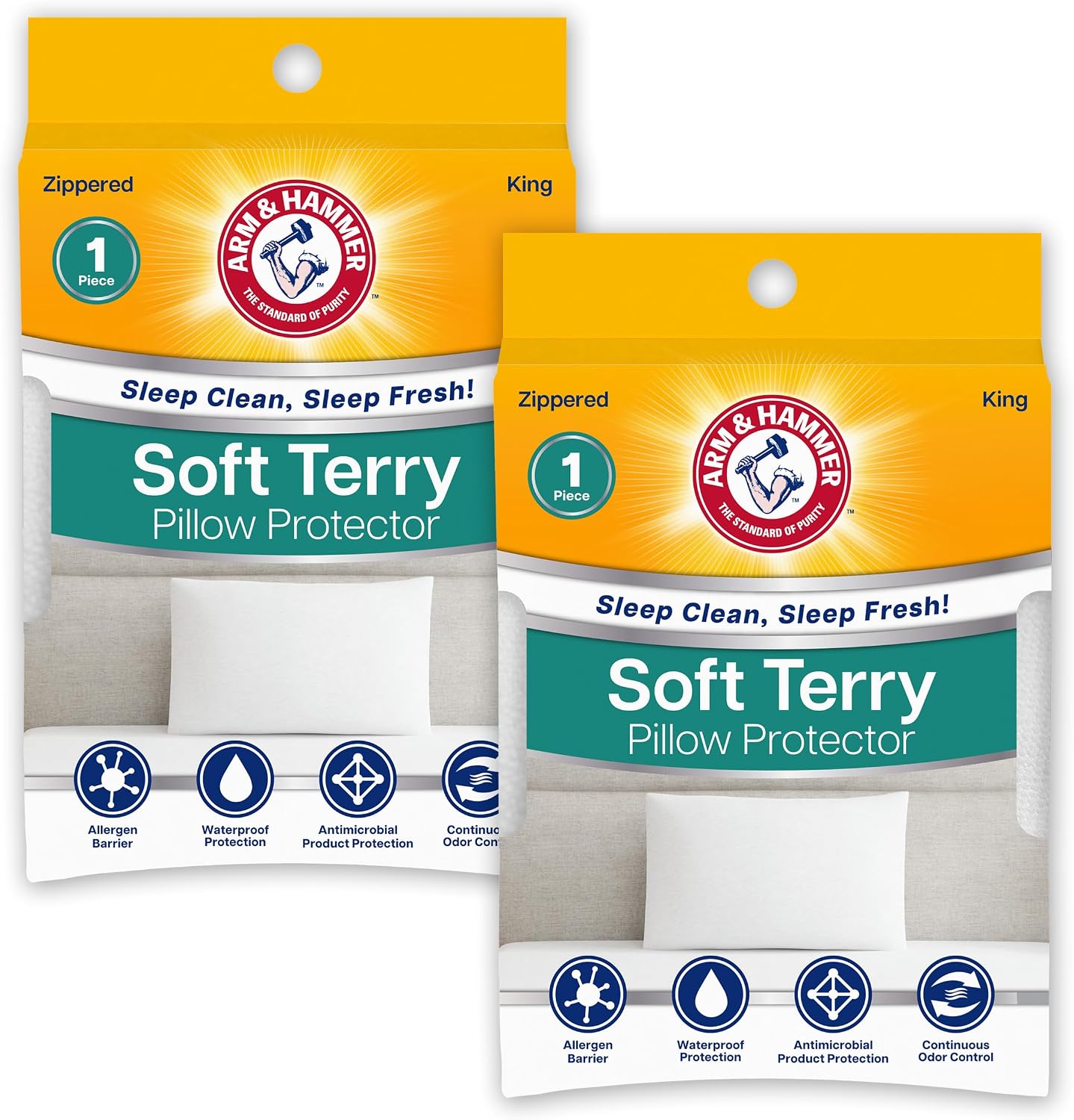 Armhammer Arm & Hammer Soft Terry Body Pillow Protector, Waterproof, Zipper Closure, White, King, 2-Pack White