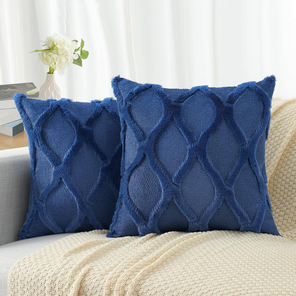 decorUhome Summer Throw Pillow Covers 16x16 Inch Set of 2, Soft Plush Faux Fur Wool Dark Blue Accent Couch Pillow Covers for Modern Farmhou…