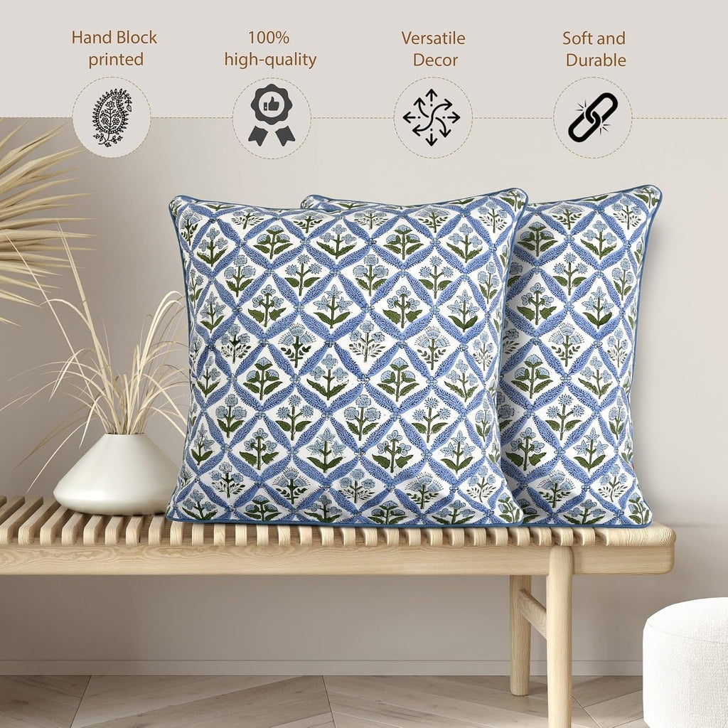 Ridhi Block Print Light Steel Blue Pillow Cover 20" x 20" (Pack of 2) Decorative Couch Pillows for Living Room, Chic Boho Cute Outdoor Pill…