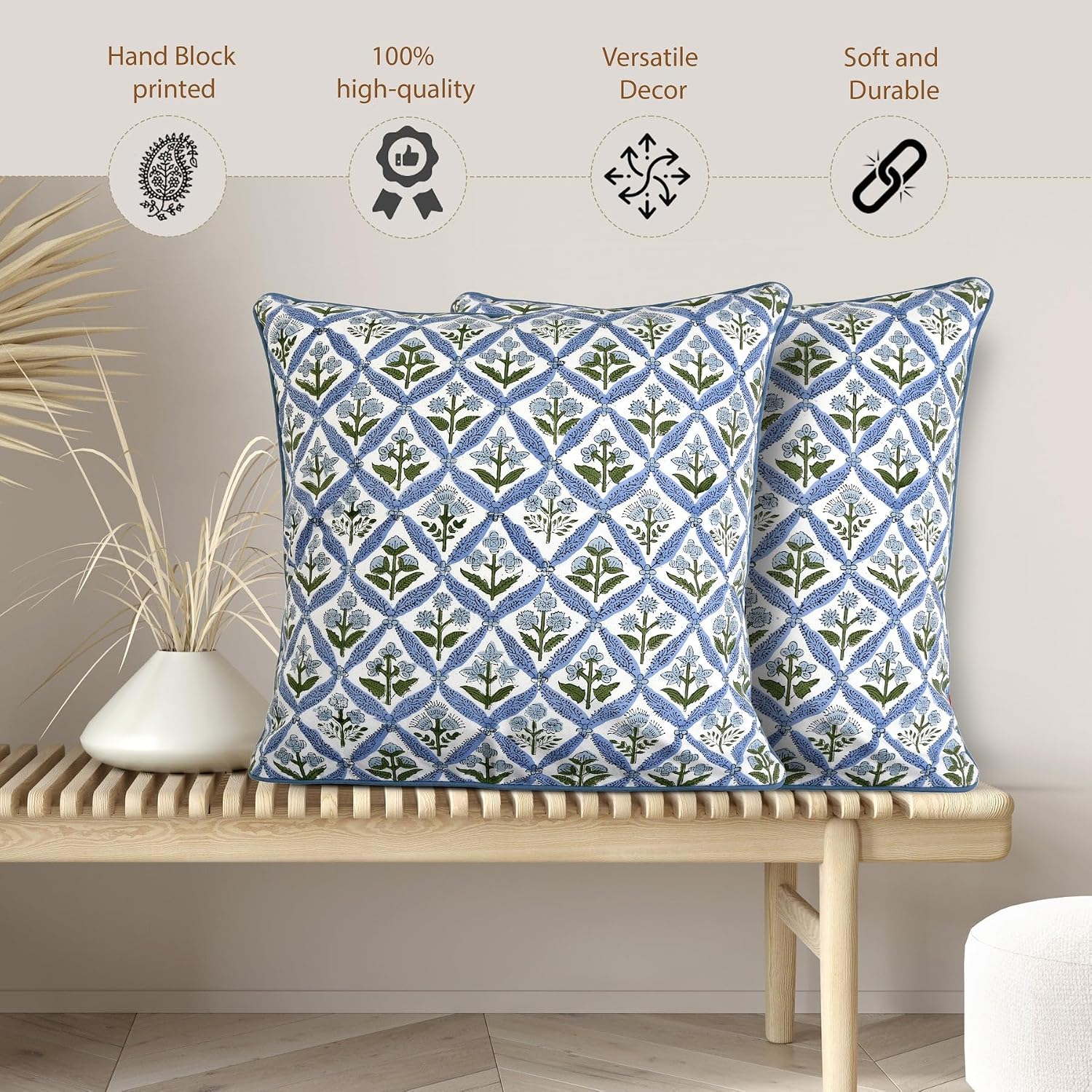 Ridhi Block Print Light Steel Blue Pillow Cover 16" x 16" (Pack of 2) Decorative Couch Pillows for Living Room, Chic Boho Cute Outdoor Pill…