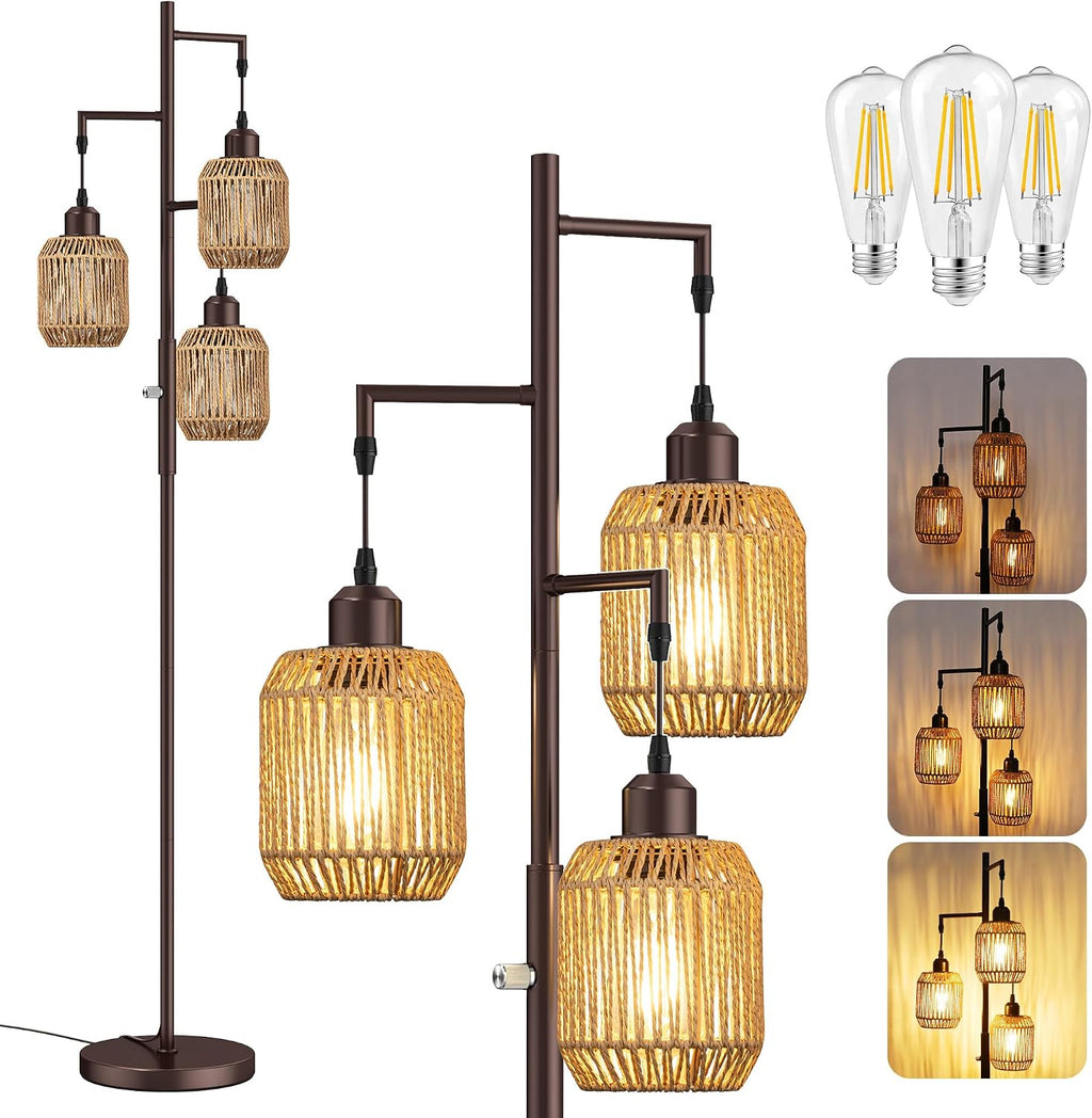 ROTTOGOON Dimmable Boho Floor Lamp - 3 Light Farmhouse Rattan Floor Lamp for Living Room, Industrial Tree Floor Lamps with 3 X 6W LED…