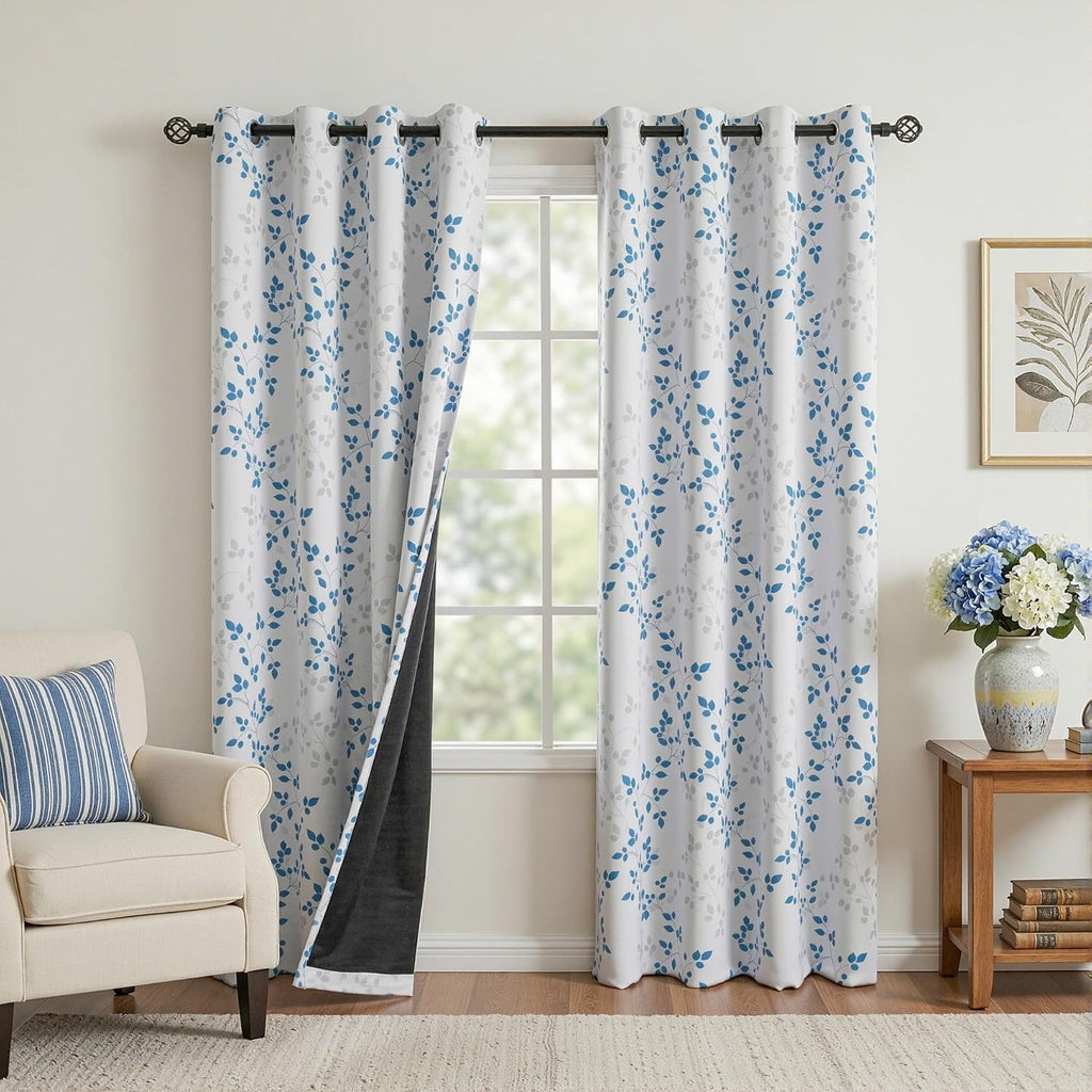 Meetsky 95% Blackout Curtains 84 Inch Long 2 Panels Set - Blue Leaves Patterned Curtain for Living Room, Room Darkening Thermal Insulated G…