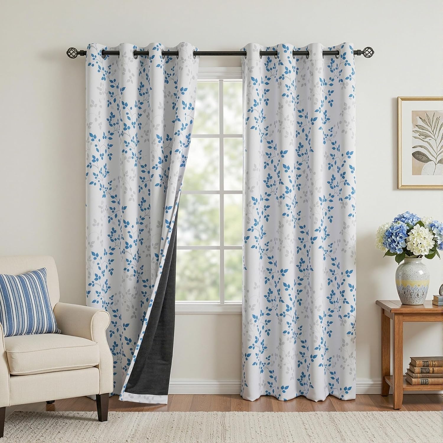 Meetsky 95% Blackout Curtains 84 Inch Long 2 Panels Set - Blue Leaves Patterned Curtain for Living Room, Room Darkening Thermal Insulated G…