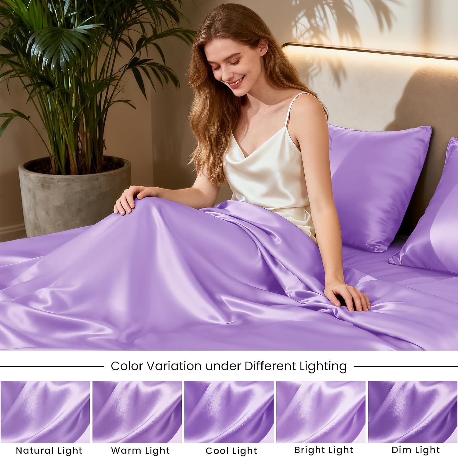 Lovescabin Love's cabin 4Piece California King Satin Bed Linen Set, Lavender Silky Satin Sheets, Deep Pocket, Luxury Silk Feel, 1 Flat, 1 F…