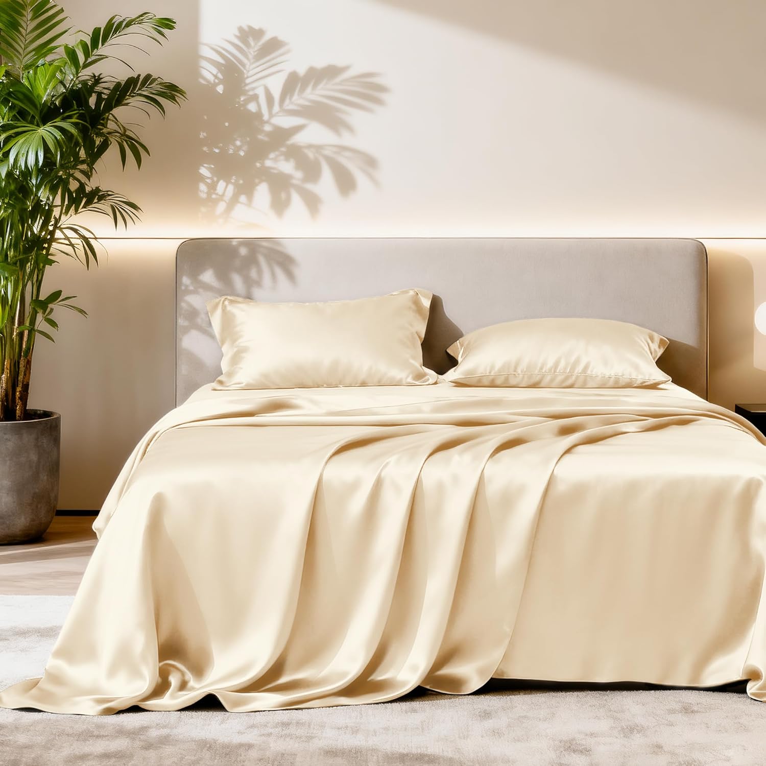 Lovescabin Love's cabin California King Satin Sheet Sets - 4 Piece Beige Silky Sheets Bed Set with Deep Pocket, Luxury Silk Feel Satin Cal…