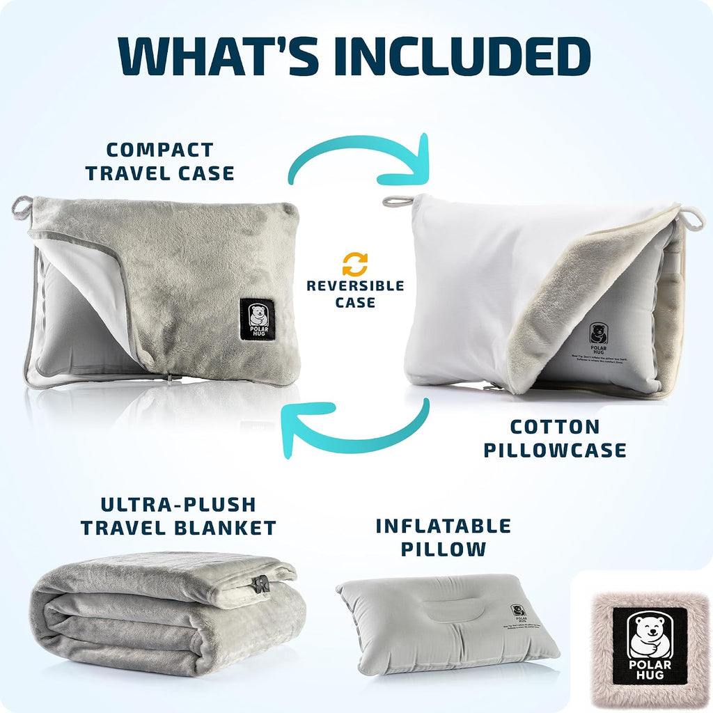 Travel Blanket and Pillow Set — Airplane Blanket with Inflatable Pillow and Cotton Pillowcase, Travel Blanket Combo with Back-Neck Snaps…