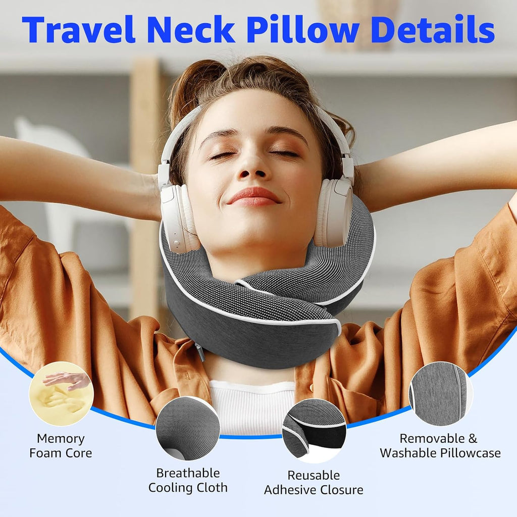 Travel Pillows for Airplanes Ergonomic Memory Foam Neck Pillow for Travel - 360° Head & Neck Support for Sleeping on Flights, Cars…