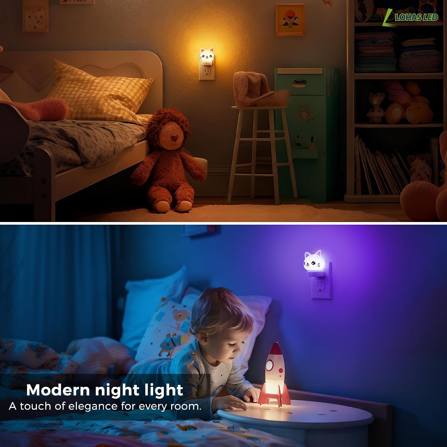 L LOHAS LED Plug in Night Light for Kids, 3D Cute Cat Night Lights with Dusk to Dawn Sensor, RGB+Soft White 3000K Cat Night Light…