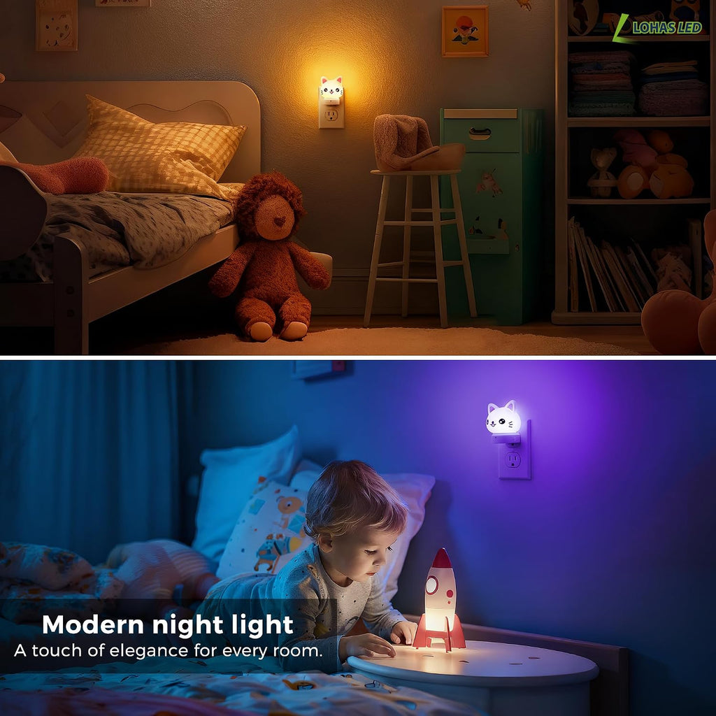 L LOHAS LED Plug in Night Light for Kids,2-Pack 3D Cute Cat Night Lights with Dusk to Dawn Sensor, RGB+Soft White 3000K Cat Night…