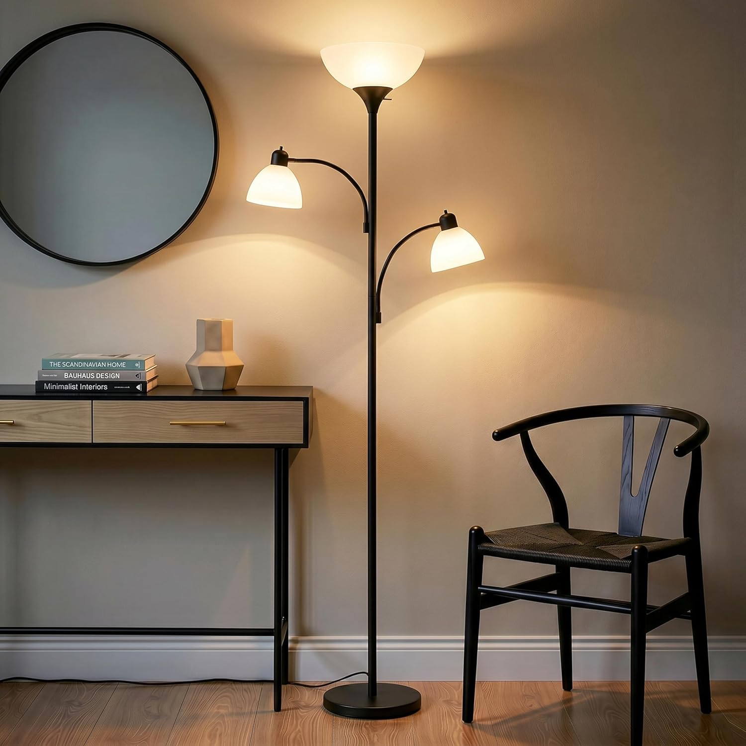 Brightech Sky Dome Double LED Floor Lamp, Torchiere Super Bright Floor Lamp with 2 Reading Lamps for Living Rooms & Offices - Dimmable…