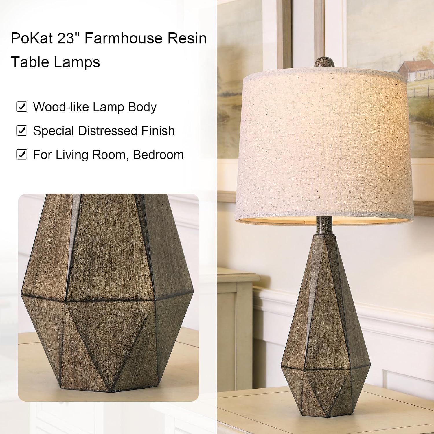 PoKat 23.5'' Table Lamps Set of 2 for Bedroom, Farmhouse Nightstand Lamps for Living Room, Rustic Bedside Lamps with Linen Lampshade for…
