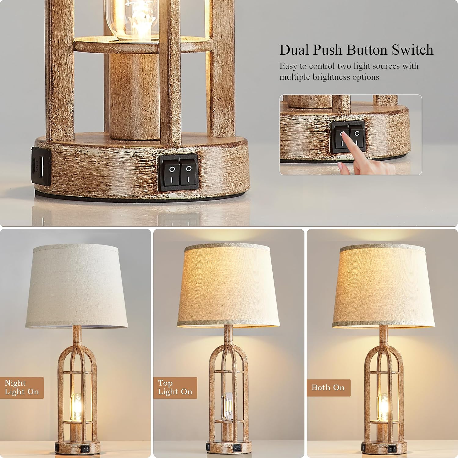 SRJJA Table Lamps for Living Room End Table Set of 2 - Rustic Farmhouse Bedside Lamps for Bedroom Nightstand with Nightlight and USB A+C…