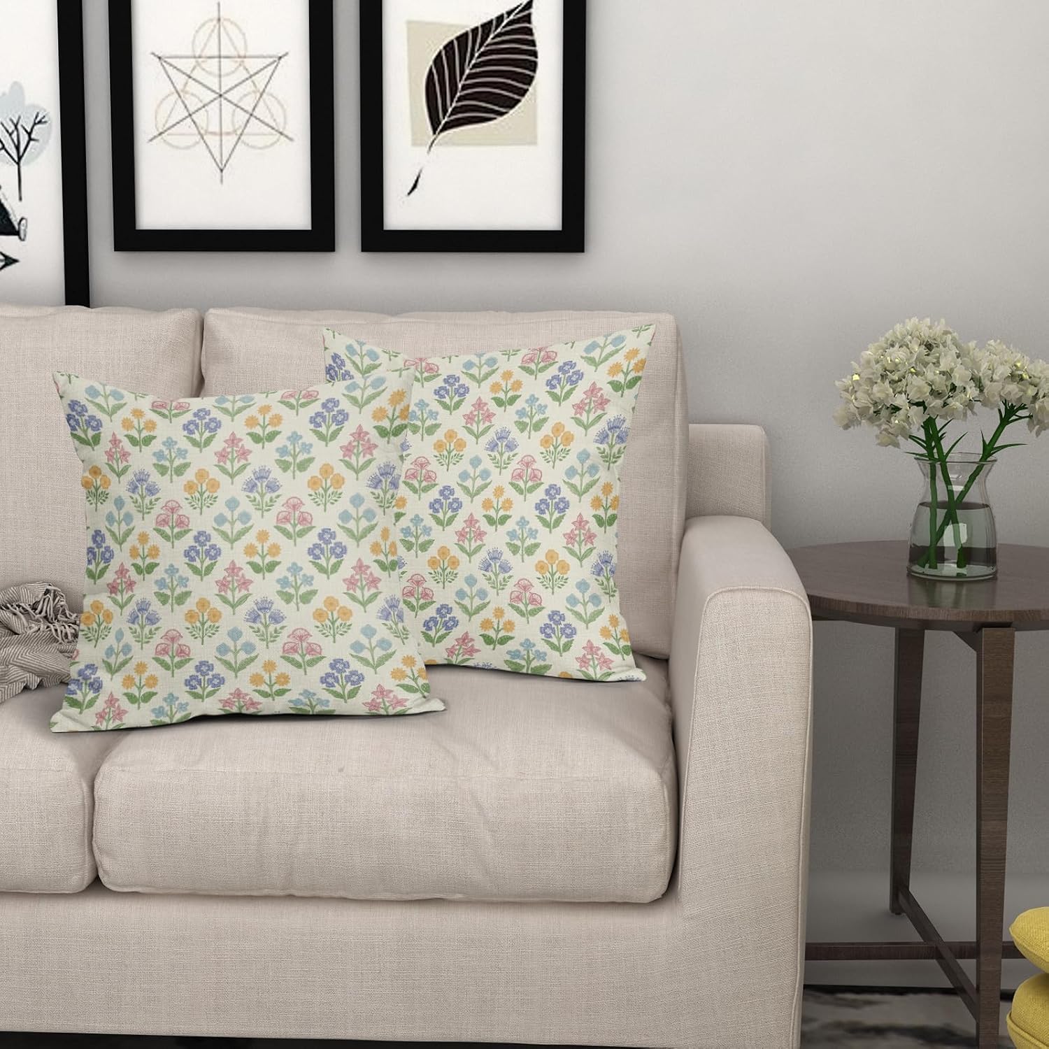 Spring Floral Easter Block Print Pillow Covers 20x20 Inch Set of 2, Pink Yellow Blue Purple Flower Holiday Decorative Throw Pillowcases…
