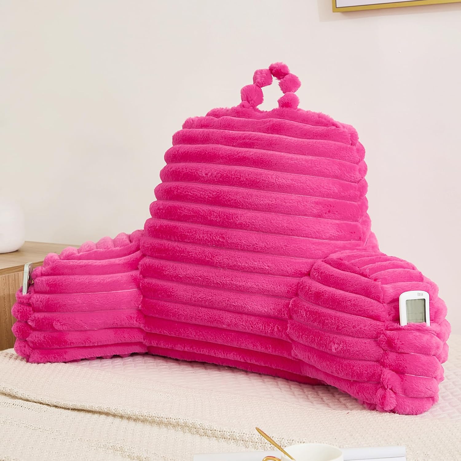 Memfydu Faux Fur Fluffy Hot Pink Reading Pillow with Pockets, Luxury Striped Plush Decorative, Arm Rests and Back Support for Bed Rest, Lou…