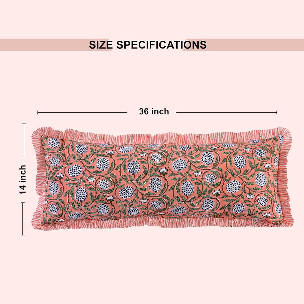 Ridhi Block Print Dark Salmon Pink 36"x14" Set 1-100% Cotton Ruffle Lumbar Sham Cover Boho Floral Pillowcase, Farmhouse Cottagecore…