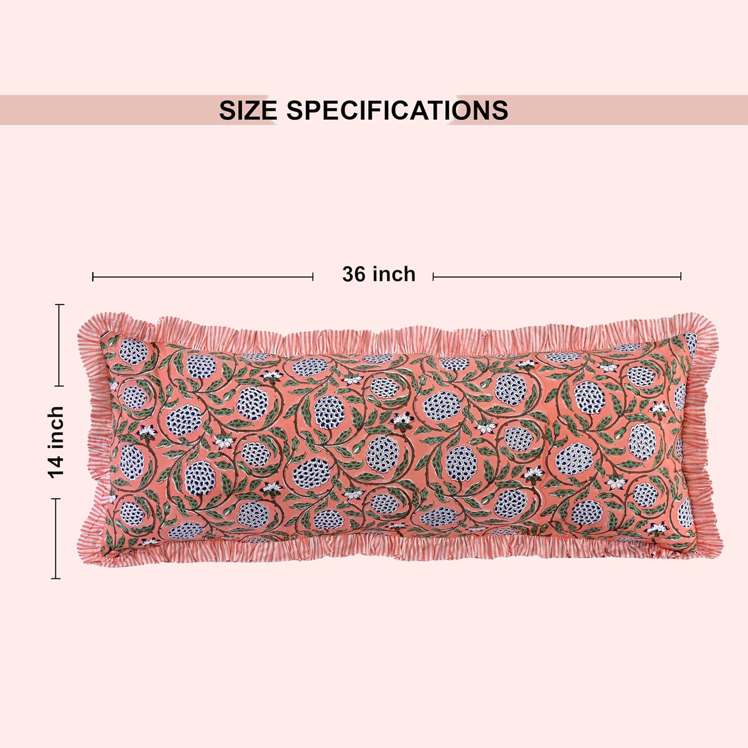 Ridhi Block Print Dark Salmon Pink 36"x14" Set 1-100% Cotton Ruffle Lumbar Sham Cover Boho Floral Pillowcase, Farmhouse Cottagecore…