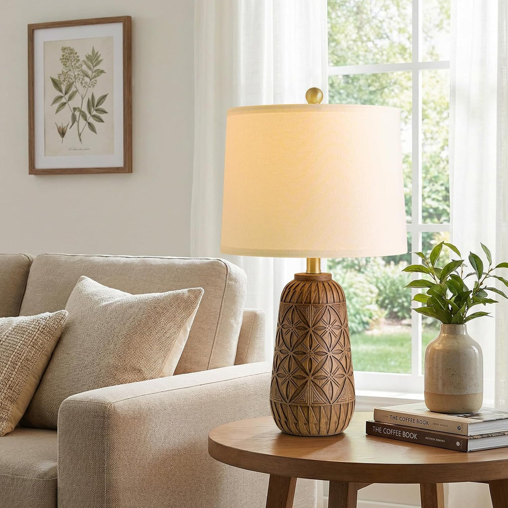 BOBOMOMO 24" Modern Farmhouse Table Lamp, Geometric Hand-Carved Resin Bedside Lamp with Wood Grain Finish, Rustic Nightstand Lamp for…
