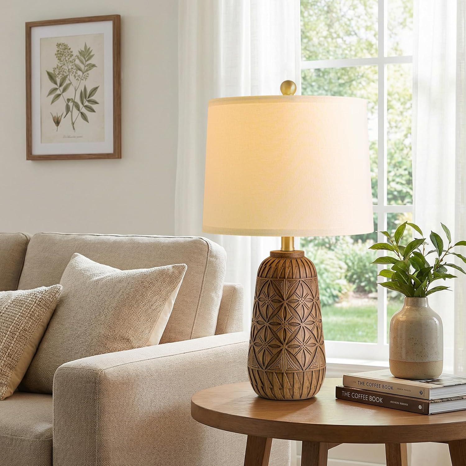 BOBOMOMO 24" Modern Farmhouse Table Lamp, Geometric Hand-Carved Resin Bedside Lamp with Wood Grain Finish, Rustic Nightstand Lamp for…