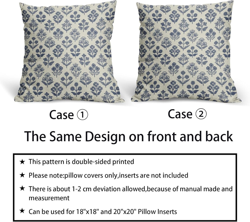 Dark Blue Floral Block Print Pillow Covers 16x16 Inch Set of 2, Vintage Flower Pattern Decorative Throw Pillowcases Outdoor Farmhouse…