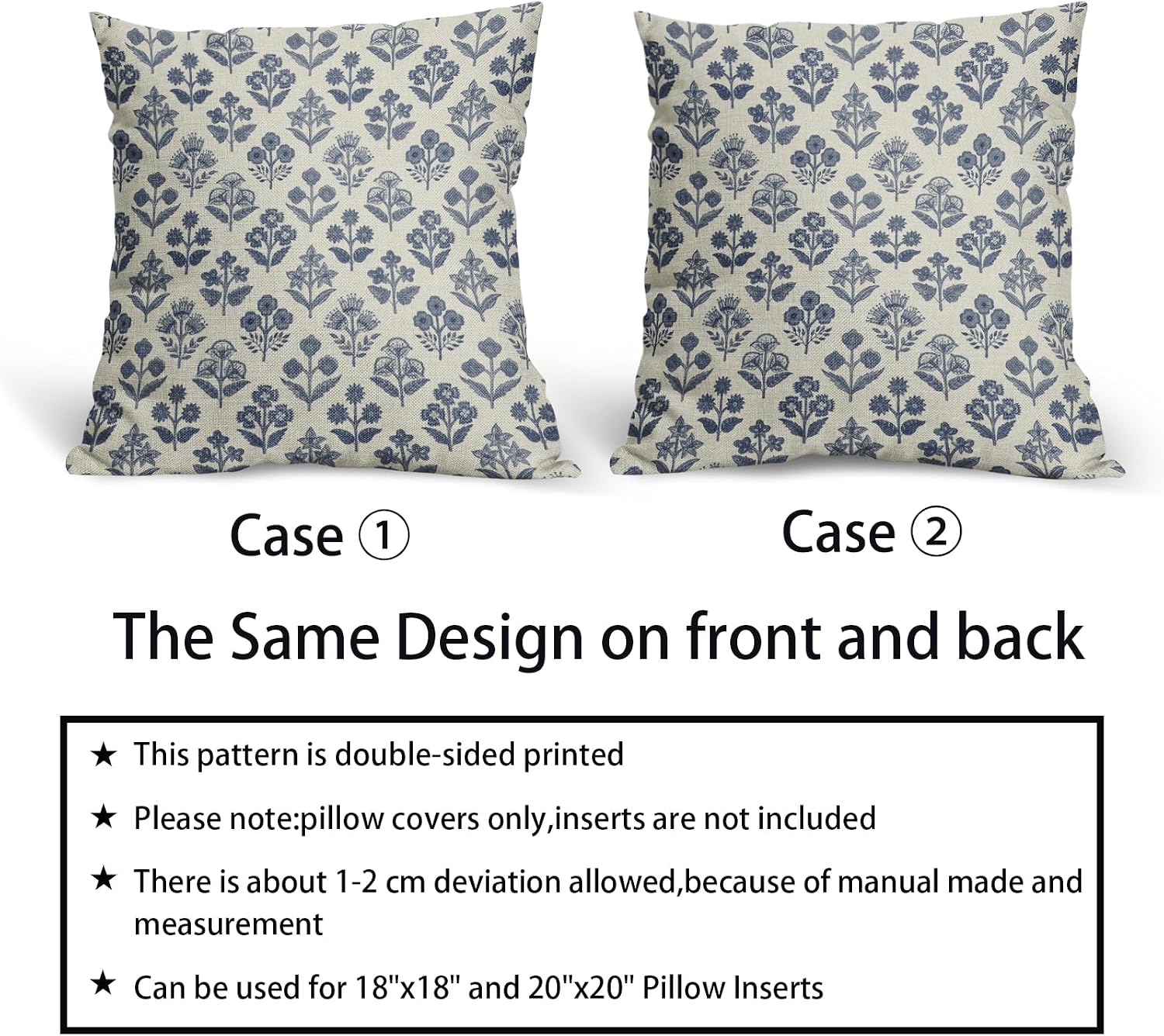 Dark Blue Floral Block Print Pillow Covers 16x16 Inch Set of 2, Vintage Flower Pattern Decorative Throw Pillowcases Outdoor Farmhouse…