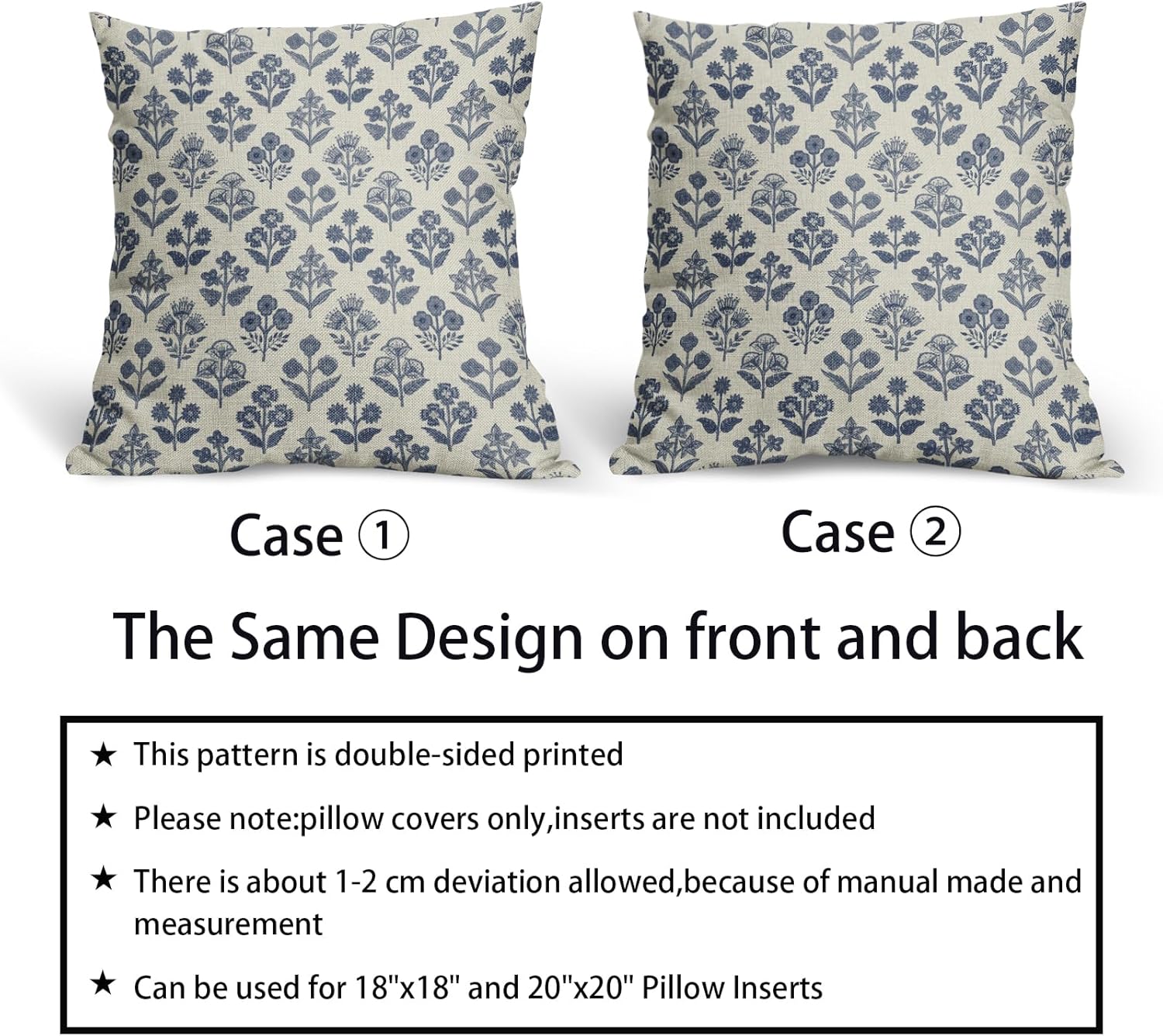 Dark Blue Floral Pillow Covers 20x20 Inch Set of 2, Vintage Flower Block Print Pattern Decorative Throw Pillowcases Outdoor Farmhouse…