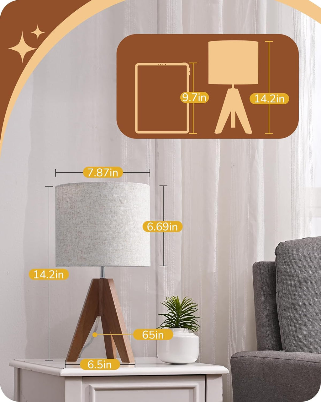 EDISHINE Small Table Lamp, Wooden Tripod Bedside Lamp with Linen Fabric Lampshade, 14.2" Nightstand Lamp for Bedroom, Living Room…