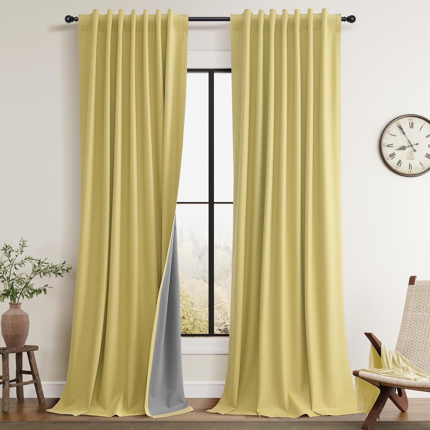 Guken Yellow Linen 100% Blackout Curtains 90 Inches Long for Bedroom 2 Panels Set Black Out Light Blocking Thermal Insulated Privacy Curtai…