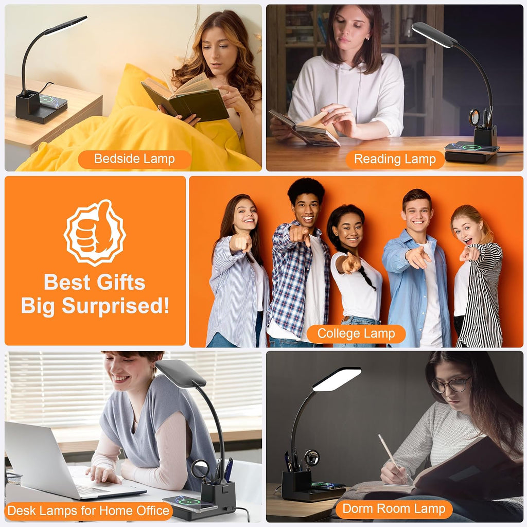 Desk Lamp, Table Lamp with Wireless Charger & USB Port, 800LM CRI95 3 Color Modes Dimmable Touch Flexible Arm Pen Holder, LED Desk Lamps…