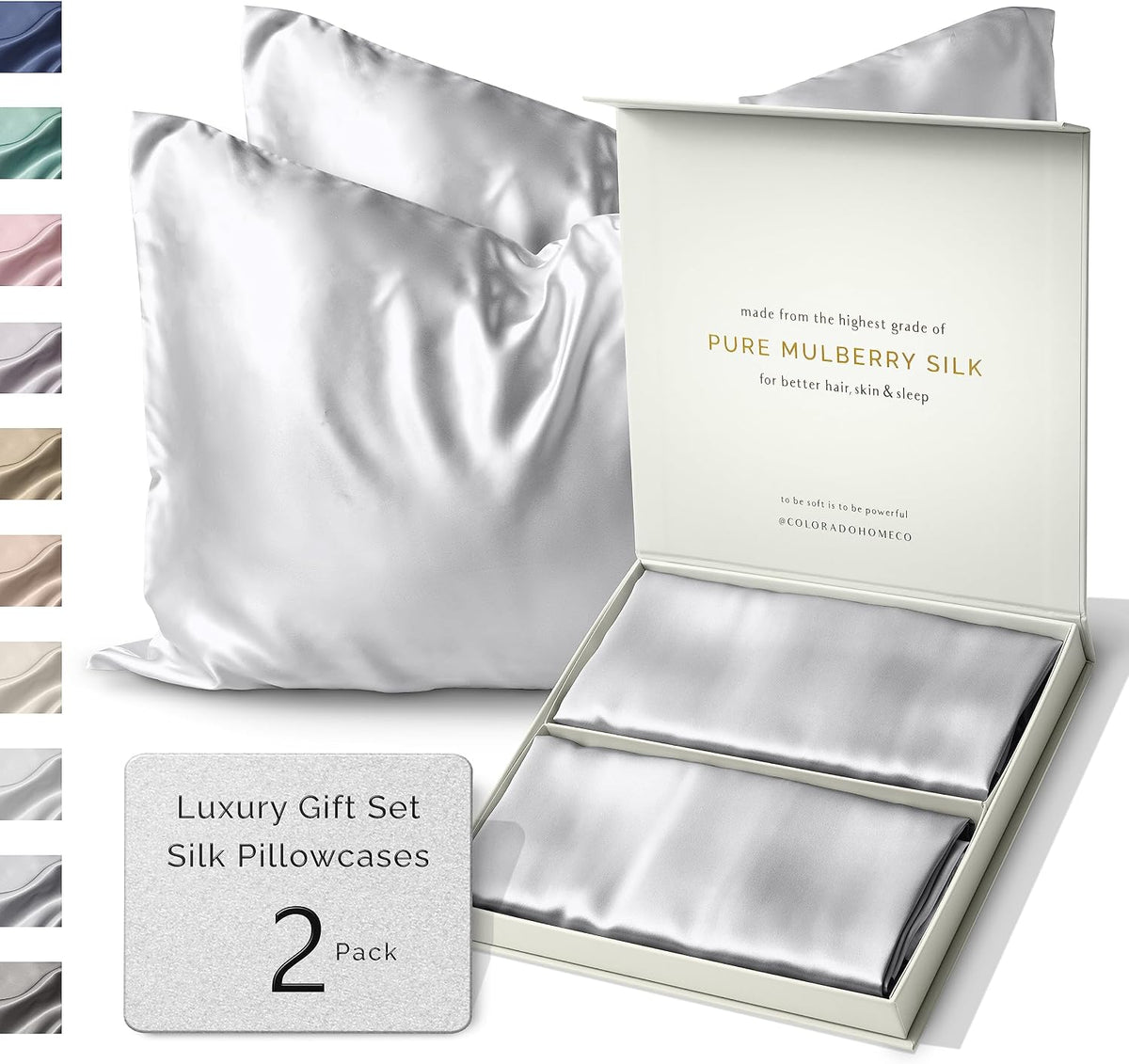 ColoradoHomeCo Colorado Home Co 100% Mulberry Silk Pillowcase Set of 2, King Size, Silver Grey, 22 Momme 6A Silk, Zipper Closure 2 pack cot…