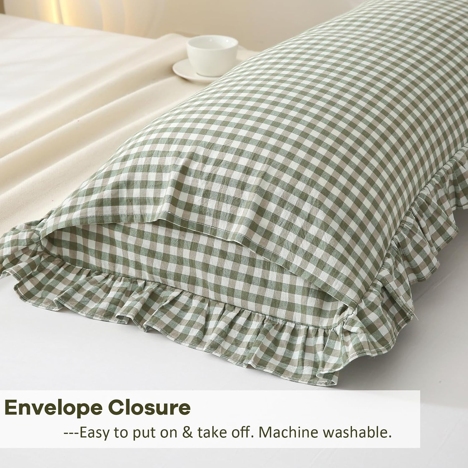 Kmasaniji Sage Green White Plaid Gingham Body Pillow Cover with Ruffles, 100% Washed Cotton Rustic French Country Vintage Pillow Shams for…