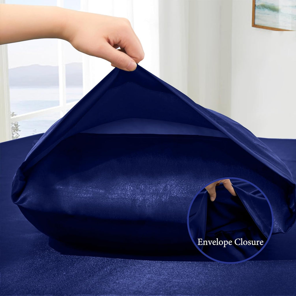 VACVELT 4pcs Navy Blue Satin Sheets Queen Size Bed Set, 15 Inch Deep Pocket Silky Satin Sheet Set, Soft Satin Bedding Set Cooling &…