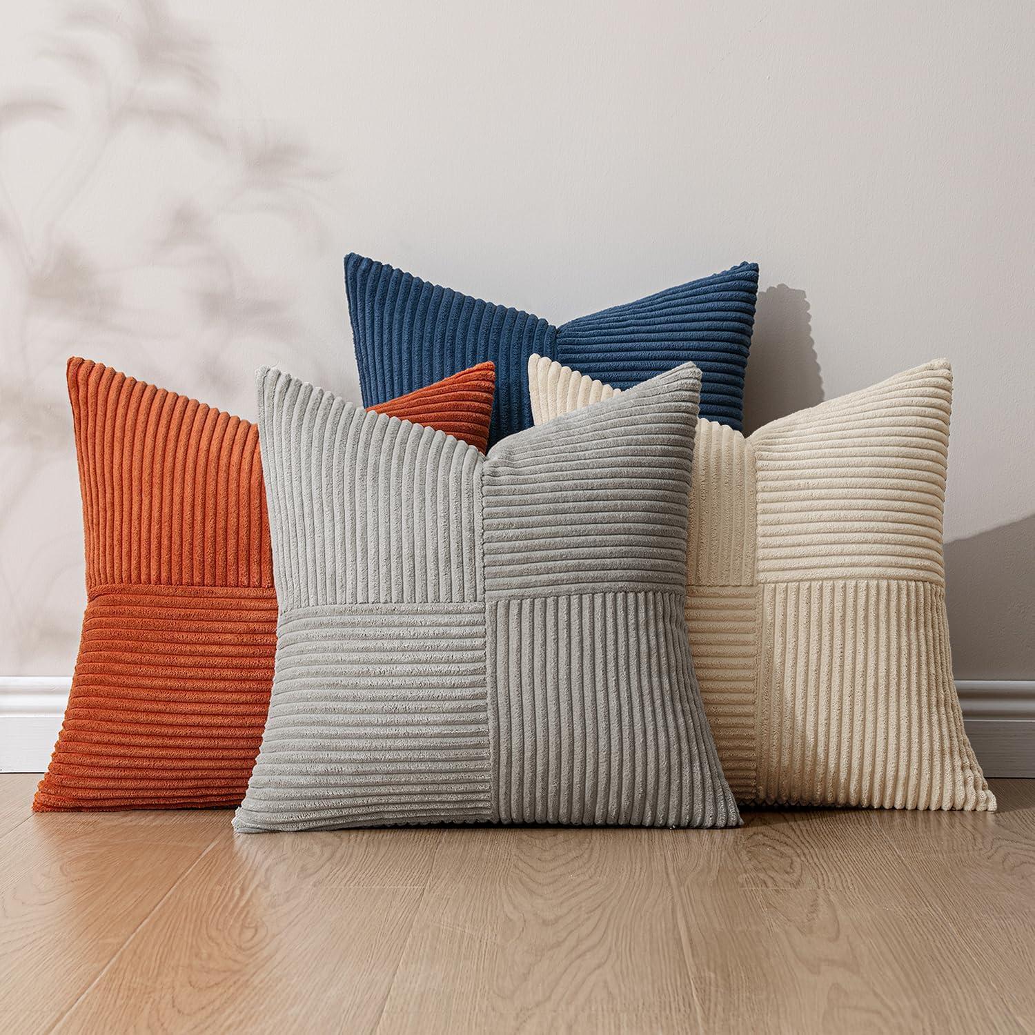 Miulee Blue Rust Throw Pillow Covers 18x18 Inch Set of 4 Boho Farmhouse Cushion Cases Soft Corduroy Nordic Corduroy Pillow Cases Patchwork…