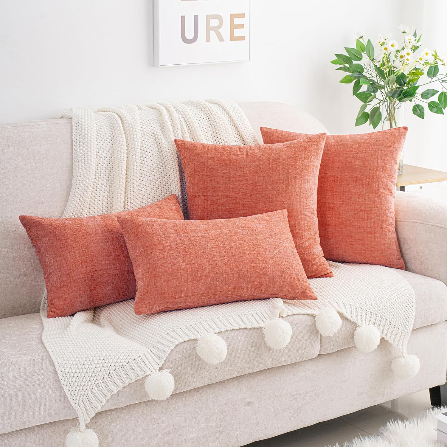 Hwy50 HWY 50 Coral Pink Lumbar Pillow Covers 12x20 Inch Pack of 2, Soft Chenille Decorative Throw Pillow Covers Farmhouse for Couch Sofa Li…
