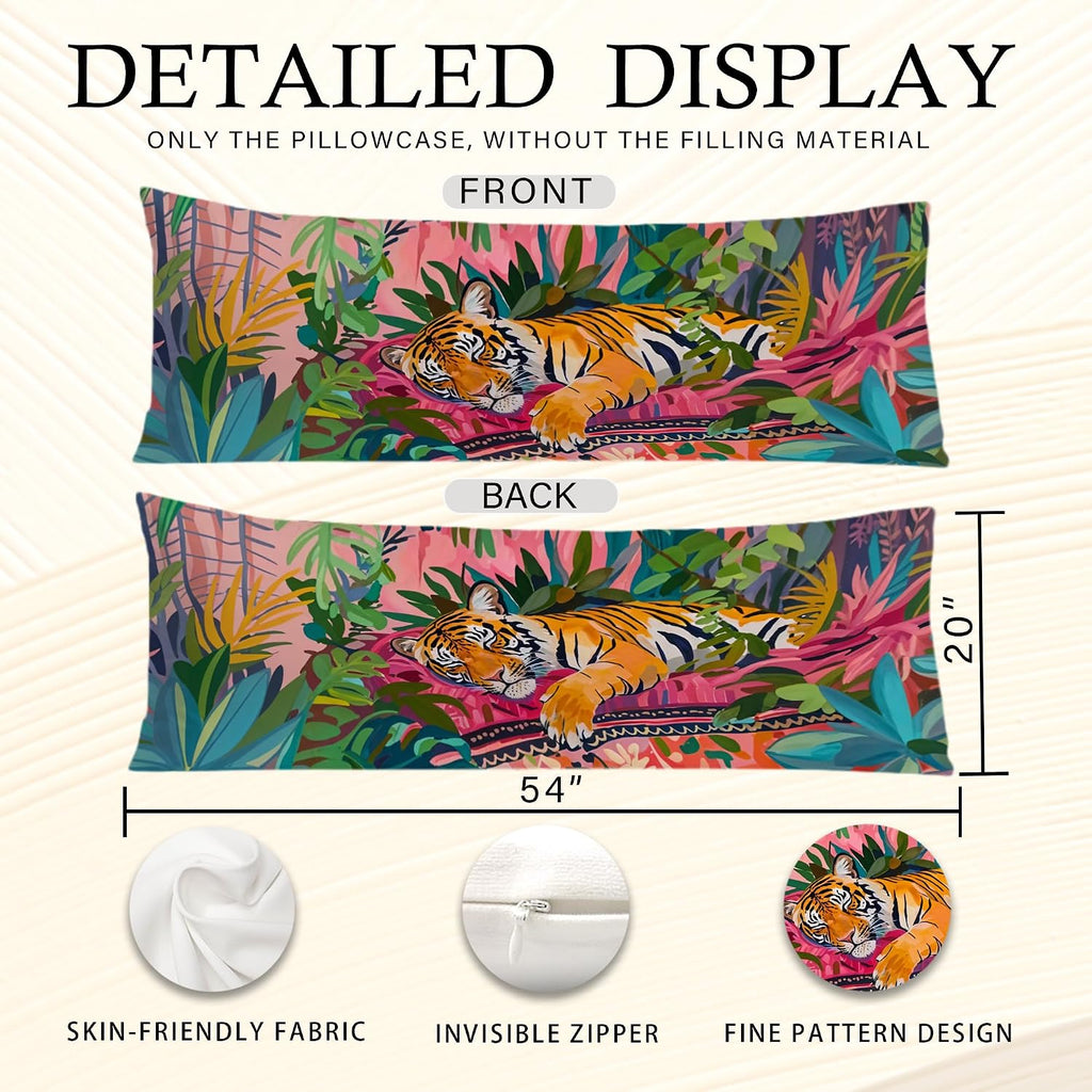 Maximalist Tiger Body Pillow Covers 20x54, Preppy Room Decor, Tropical Trendy Colorful Tiger Animal Long Body Pillow Case Cover with…