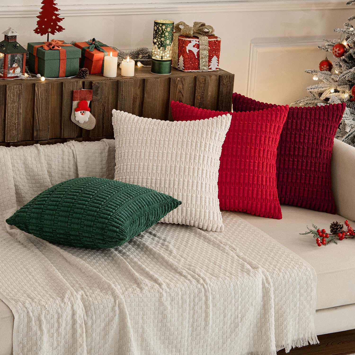 Miulee Pack of 4 Christmas Boho Farmhouse Red and Green Corduroy Decorative Throw Pillow Covers 20x20 Inch Retro Soft Striped Pillow Covers…