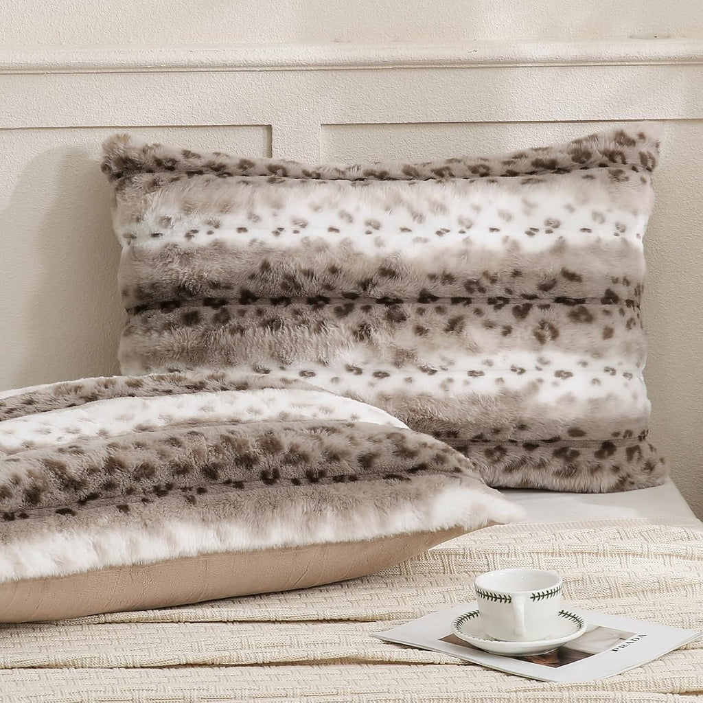 Chumerry Fuzzy Faux Fur Pillow Case Plush Shaggy Pillow Cover Plaid Check Texture Extra Soft Fluffy Faux Rabbit Fur Fabric Brown Decorative…