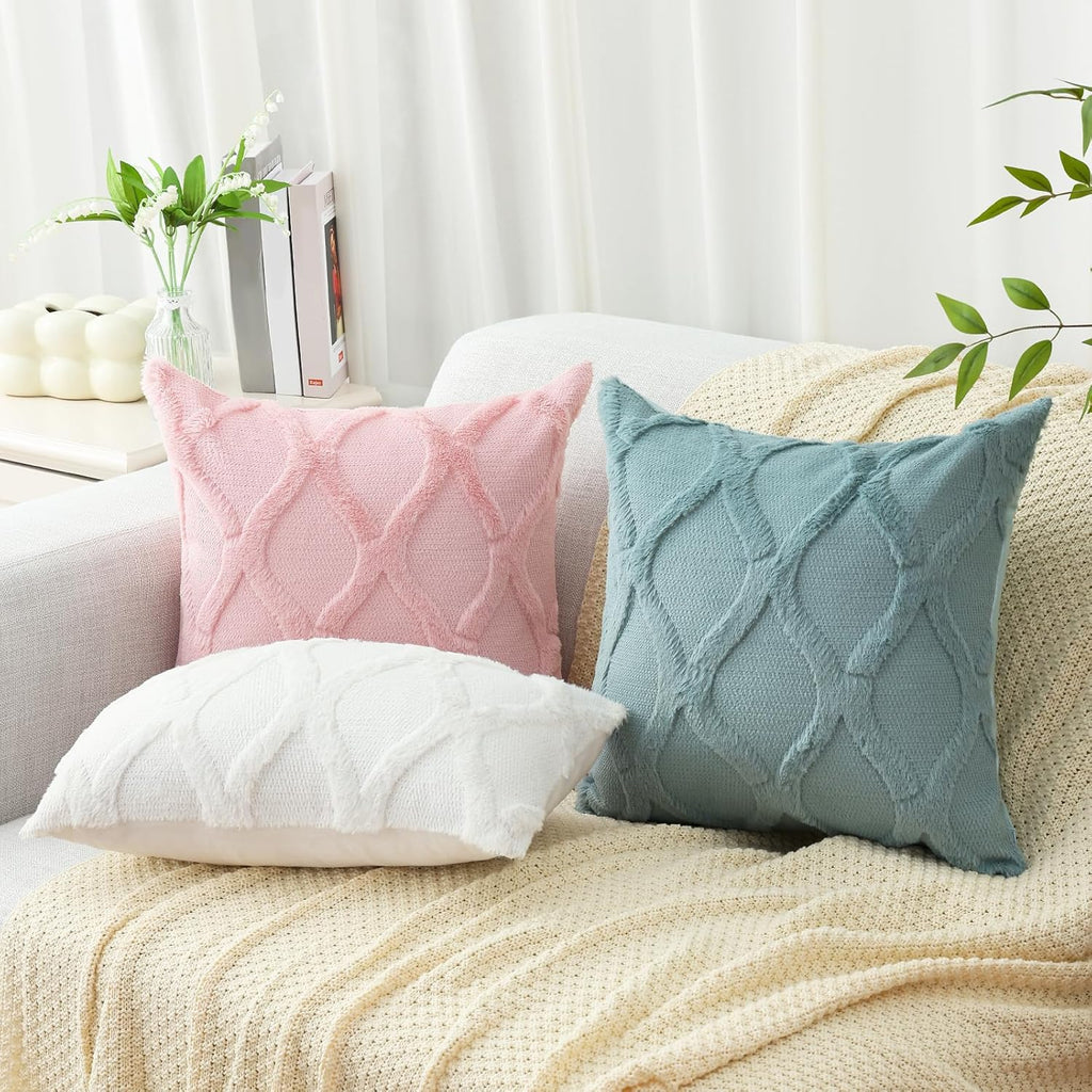 decorUhome Summer Throw Pillow Covers 18x18 Inch Set of 2, Soft Plush Faux Fur Wool Light Pink Accent Couch Pillow Covers for Modern Farmho…