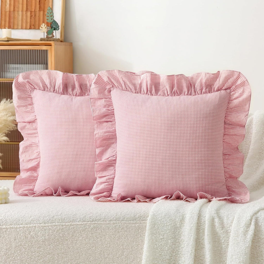 Jilboo Gingham Pillow Covers (2 Pack) - 18x18 Inches Pink/White Plaid, 100% Washed Cotton Vintage Ruffle Decorative Throw Pillowcases with…