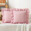 Jilboo Gingham Pillow Covers (2 Pack) - 18x18 Inches Pink/White Plaid, 100% Washed Cotton Vintage Ruffle Decorative Throw Pillowcases with…