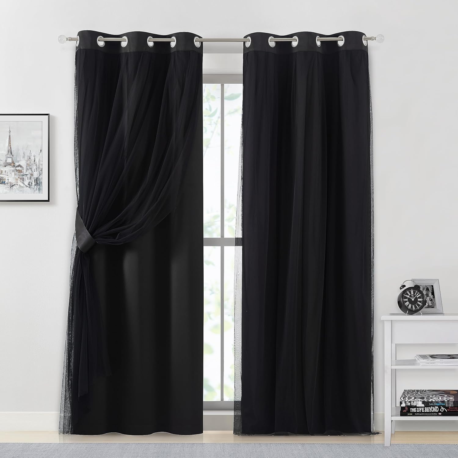 Bujasso Black Full Blackout Curtains with Sheer Overlay Mix and Match Double Layer Thermal Insulated Window Panels 84 inch for Living Room…