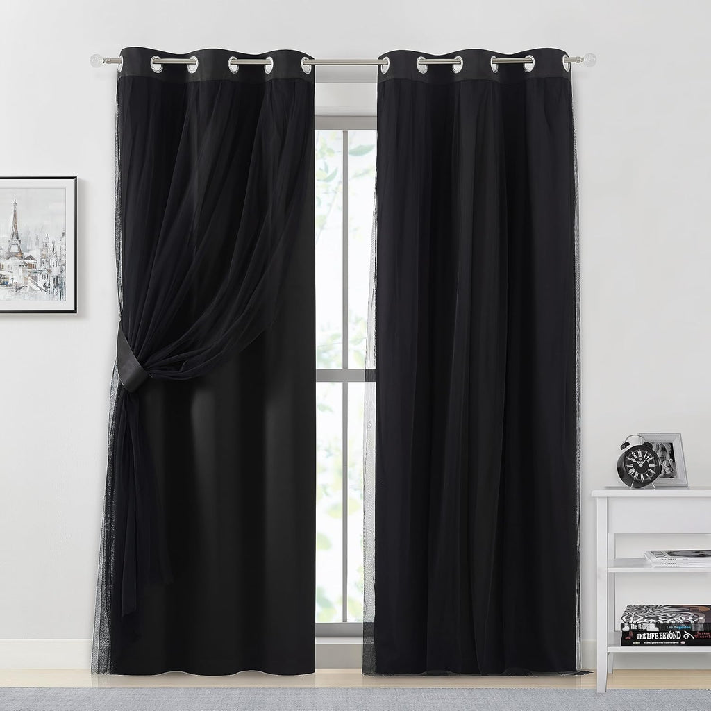 Bujasso Black Full Blackout Curtain Panels with Sheer Overlay Mix and Match Double Layer Thermal Insulated Window Treatment Set for Living…