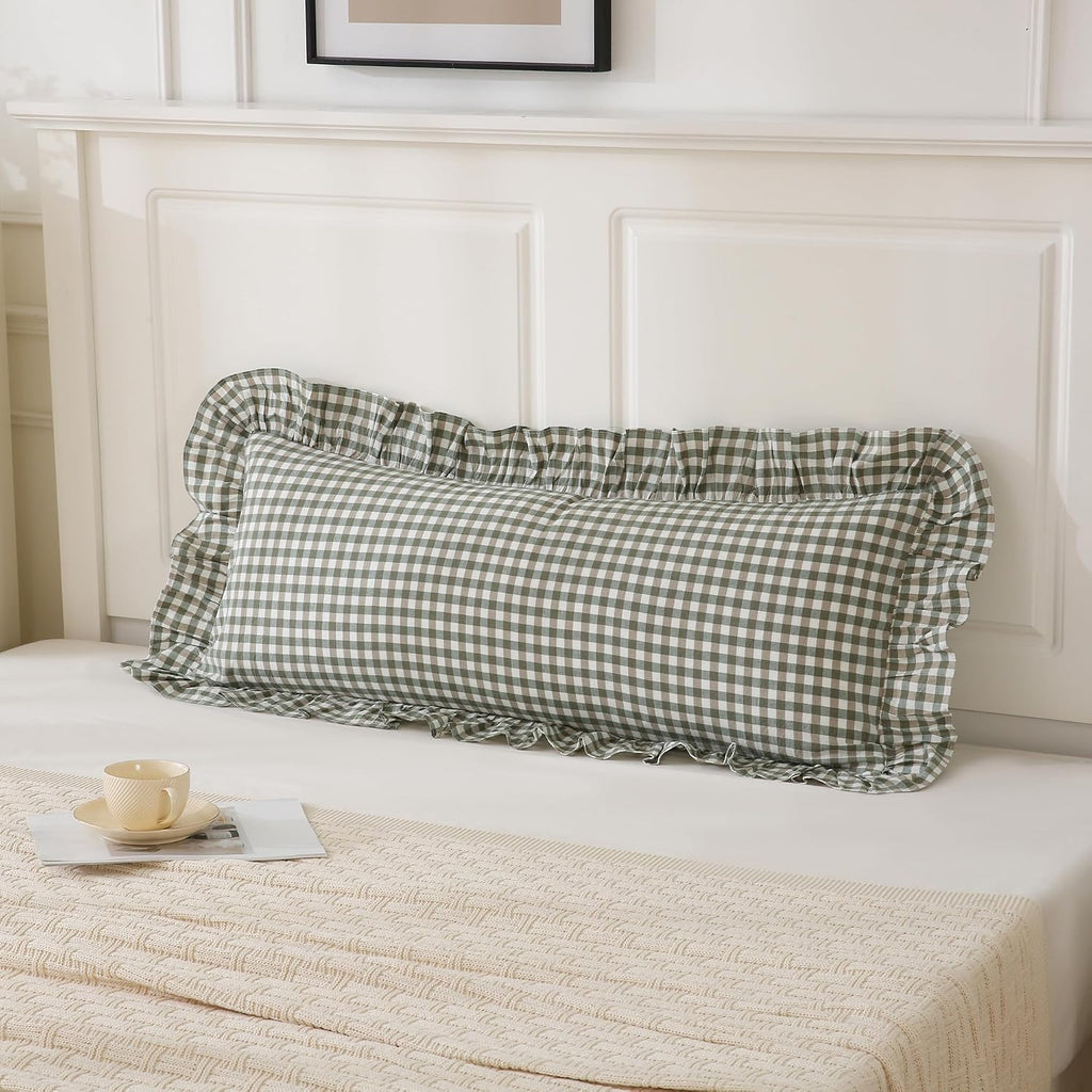 Qilunn 14x36 inches Sage Green Plaid Ruffle Lumbar Pillow Sham 1 Piece, Pure Cotton Gingham Decor Pillowcase French Country Vintage Cushion…