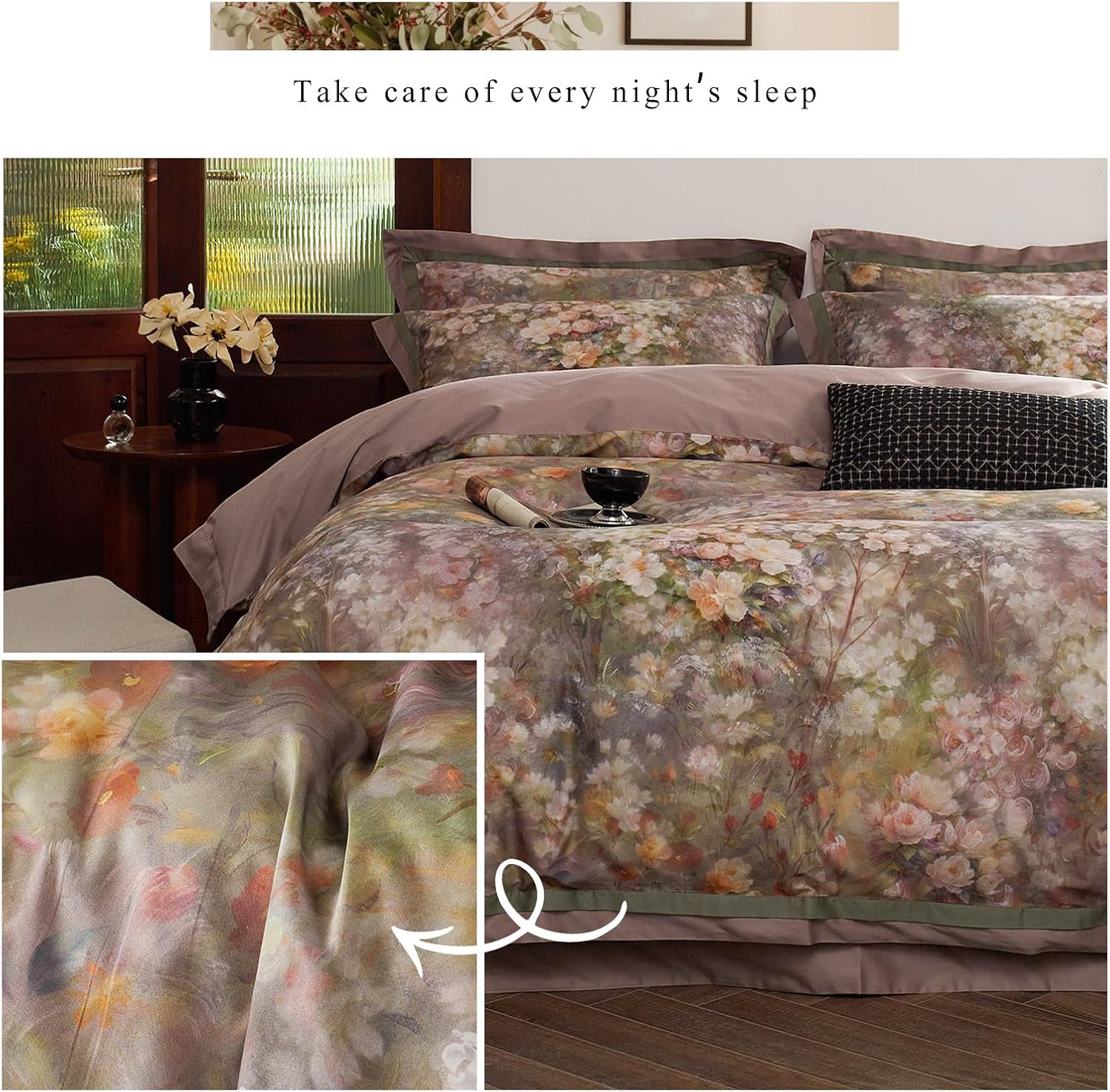 mixinni Vintage Floral Duvet Cover Set - Queen Size, 100% Long Staple Cotton Percale, Reversible Garden Style Bedding Set with Zipper Closu…