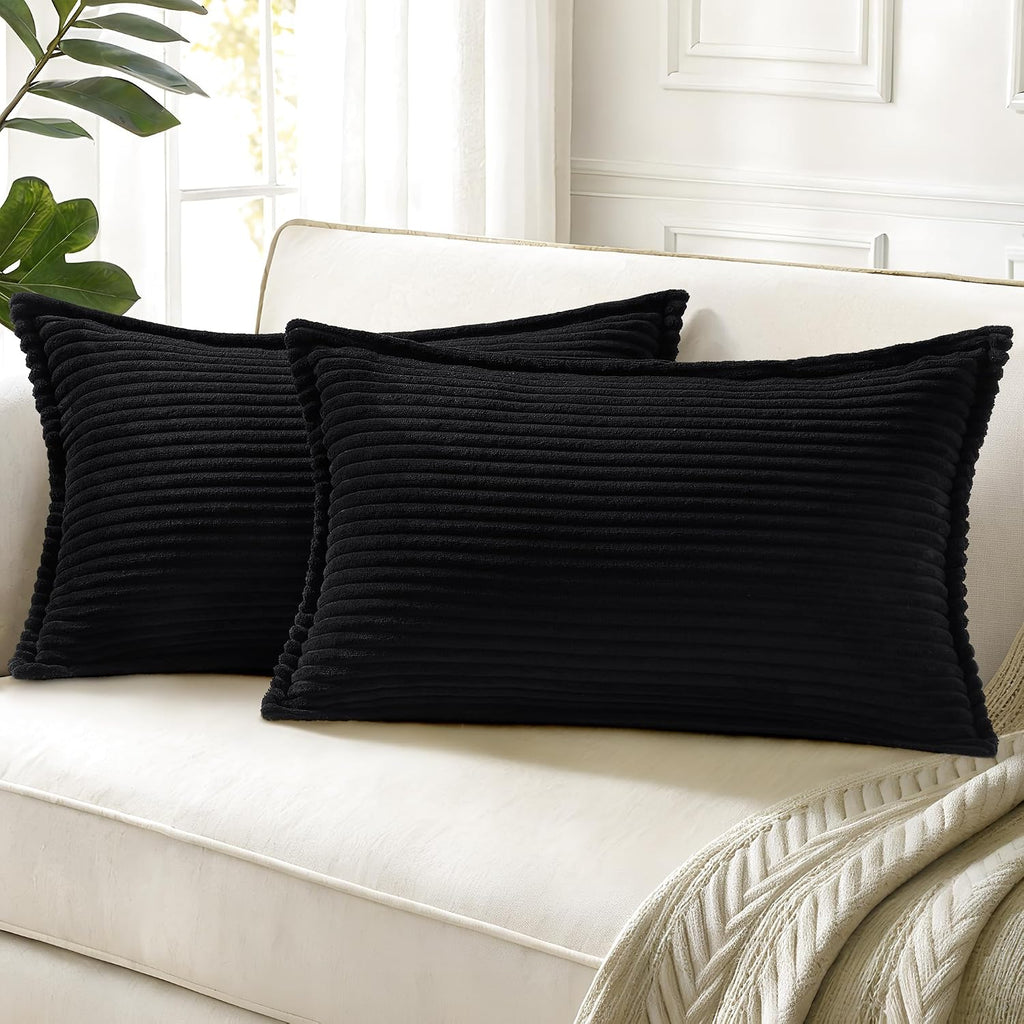 decorUhome Summer Corduroy Black Throw Pillow Covers 12x20 Set of 2 Decorative Soft Boho Farmhouse Lumbar Couch Pillow Covers for Living Ro…
