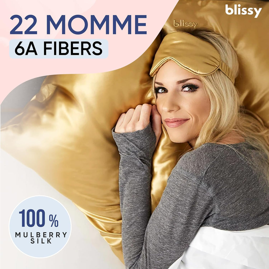 Blissy Silk Pillowcase - 100% Pure Mulberry Silk - 22 Momme 6A High-Grade Fibers - Silk Pillow Cover for Hair & Skin - Regular, Queen &…