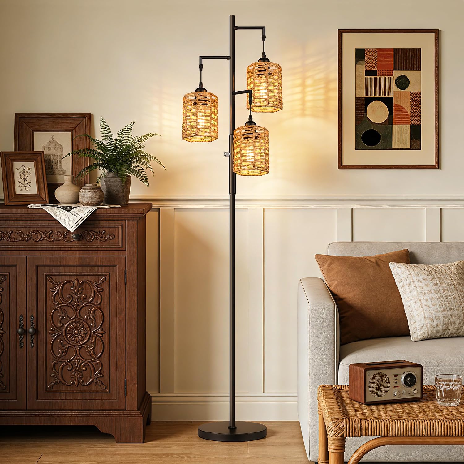 ROTTOGOON Dimmable Rattan Floor Lamp, 3 x 800LM LED Bulbs Included, Boho Tree Standing Lamps with 3 Hand-Woven Octagonal Lantern Shades…
