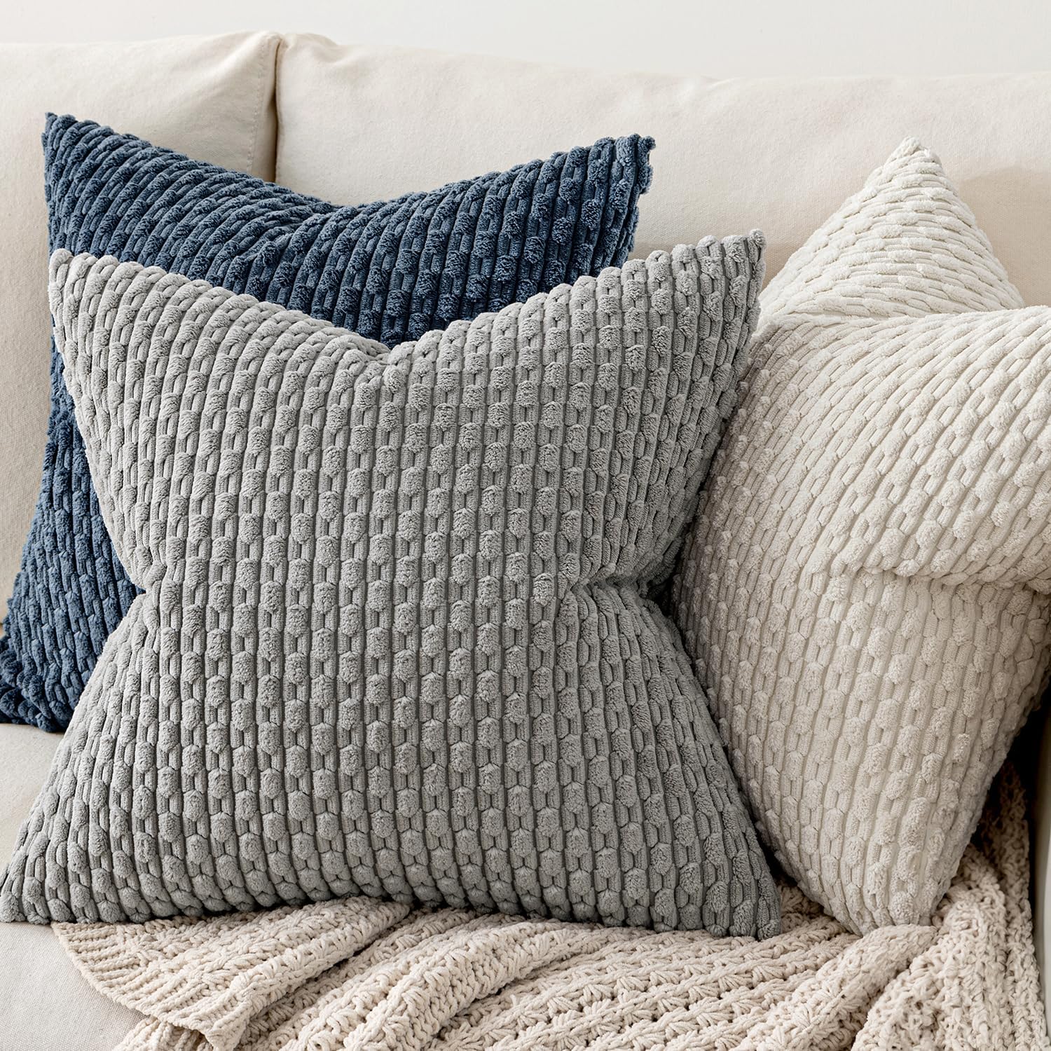Miulee Pack of 2 Decorative Throw Pillow Covers 24x24 Inch Soft Boho Striped Textured Corduroy Pillow Covers Modern Farmhouse Home Decor fo…