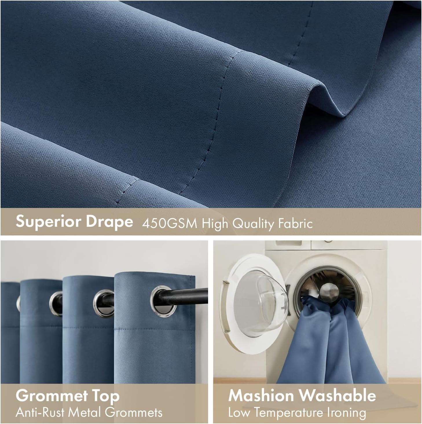 Miulee Stone Blue 100% Blackout Curtains for Bedroom 96 Inch Long, 2 Layers Thermal Insulated Black Out Window Curtains with Black Liner, G…